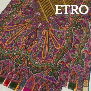 エトロ(ETRO)の★ETRO★ ロングスカーフ ペイズリー チェック カシミヤ シルク パープル(バンダナ/スカーフ)