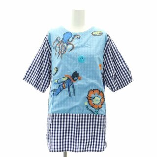 ツモリチサト(TSUMORI CHISATO)のツモリチサト チェック 切替 総柄 半袖Tシャツ カットソー 2 水色 紺(カットソー(半袖/袖なし))
