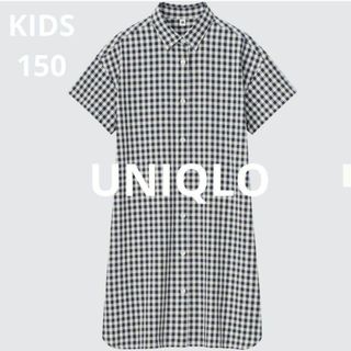 ユニクロ(UNIQLO)の着用１回　ユニクロ　GIRLS ギンガムチェックシャツワンピース　半袖　キッズ(ワンピース)