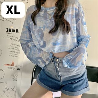 長袖 水色 レディース XL オーバーサイズ ストリート シースルー シアー素材(Tシャツ(長袖/七分))