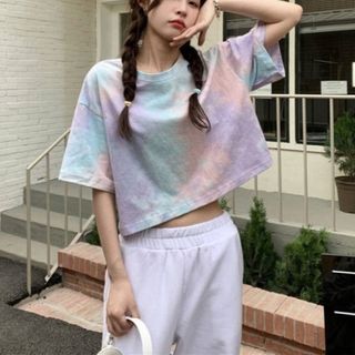 【大人気】 レディース Tシャツ 半袖 水彩 ピンク 着痩せ 絞り染め 韓国 青(Tシャツ(半袖/袖なし))