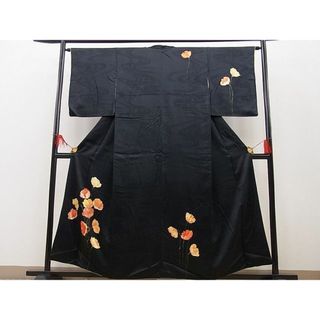 平和屋野田店■訪問着　手描き　ポピー　黒地　金糸　逸品　BAAC7756yc(着物)