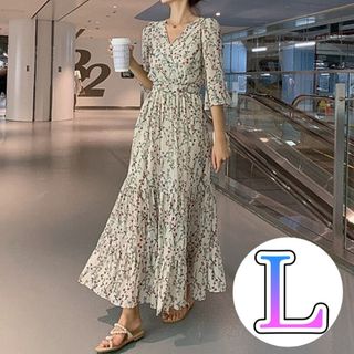 【注目商品★】　ワンピース　ロング　レディース　Ｌ　シフォン　花柄　白　Vネック(ロングワンピース/マキシワンピース)