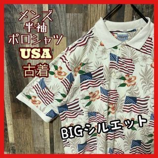 総柄 花柄 メンズ 国旗 派手 クリーム 2XL 古着 90s 半袖 ポロシャツ(ポロシャツ)