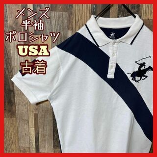 馬 ジョッキー ホワイト ロゴ メンズ L USA古着 90s 半袖 ポロシャツ(ポロシャツ)