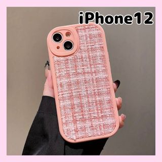 iPhone12ケース　ツイード　ピンク　韓国　可愛い　ソフトケース(モバイルケース/カバー)