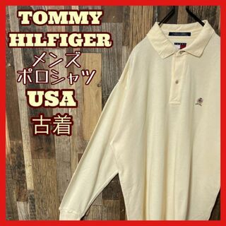 トミーヒルフィガー(TOMMY HILFIGER)のトミーヒルフィガー ロゴ メンズ L クリーム 古着 90s 長袖 ポロシャツ(ポロシャツ)