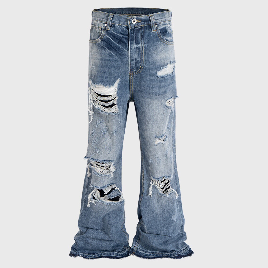 Rick Owens - ダメージ フレアシルエットデニム ベルボトムの Rick Owens - ダメージ フレアシルエットデニム ベルボトムの