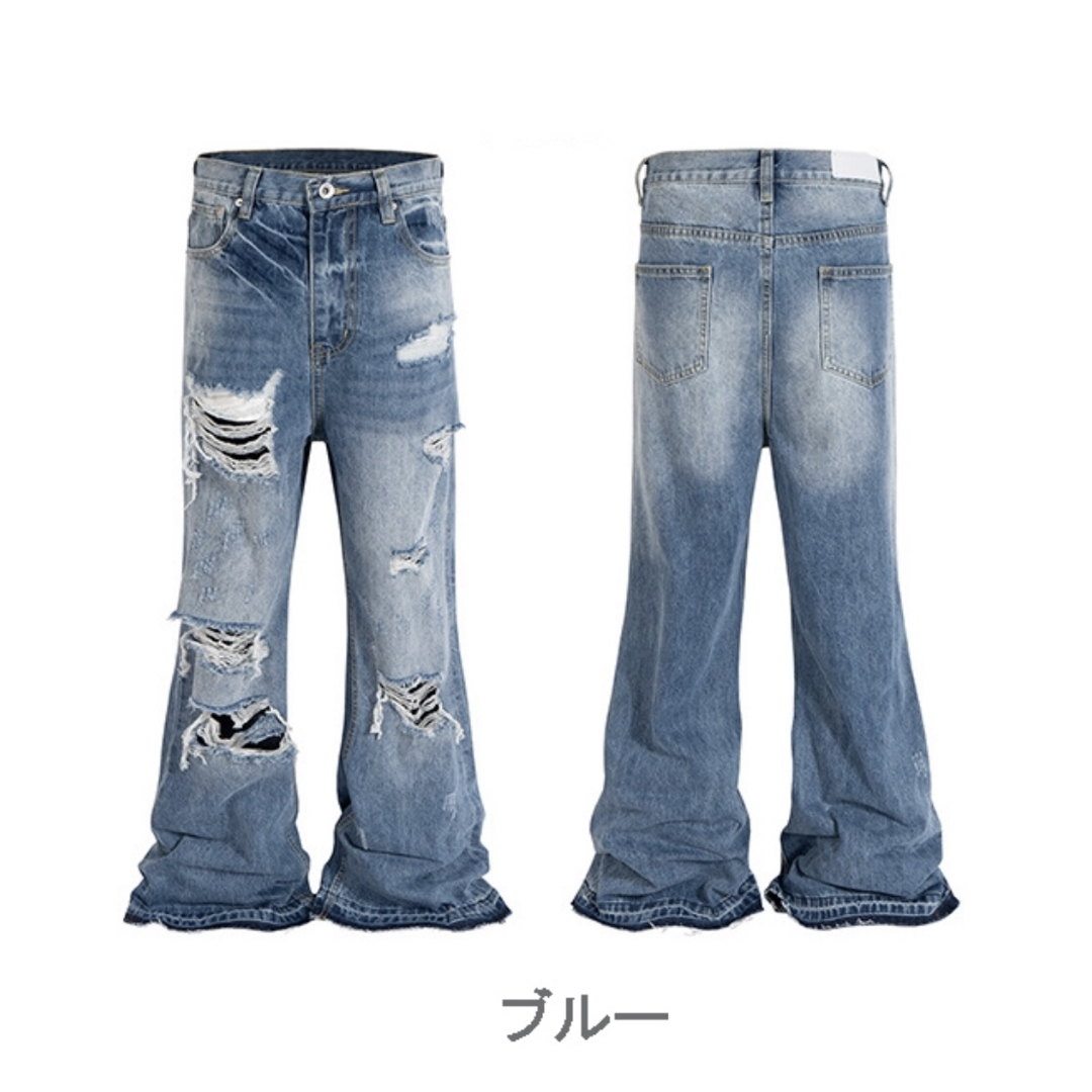 Rick Owens - ダメージ フレアシルエットデニム ベルボトムの Rick Owens - ダメージ フレアシルエットデニム ベルボトムの
