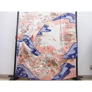 平和屋野田店■豪華振袖　絞り　扇面立波吉祥花蝶文　金彩　逸品　BAAD0243gh(振袖)