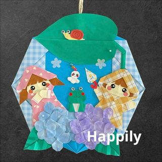 雨の日　折り紙ハンドメイド　折り紙リース　壁面飾り　カエル　紫陽花(その他)