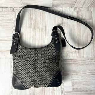 コーチ(COACH)の美品 COACH コーチ ショルダーバッグ レザー キャンバス シグネチャー 黒(ショルダーバッグ)