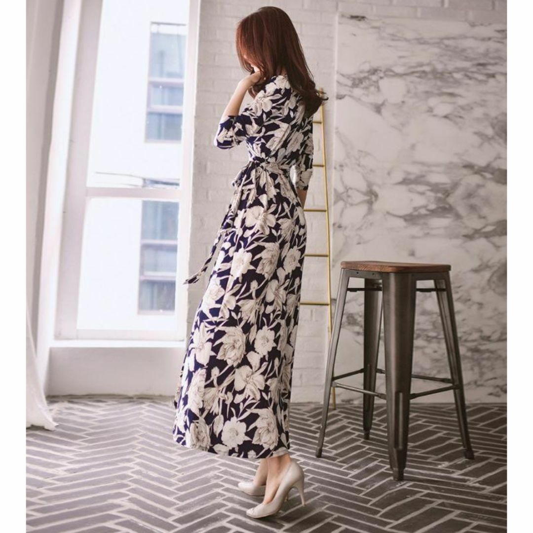 マキシワンピース 紺色カシュクール ワンピース キャバドレス スリット 花柄 M レディースのフォーマル/ドレス(その他ドレス)の商品写真