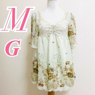 G.　ブラウス　M　グリーン　ベージュ　レッド　花柄　きれいめ　ポリ　レーヨン(シャツ/ブラウス(半袖/袖なし))