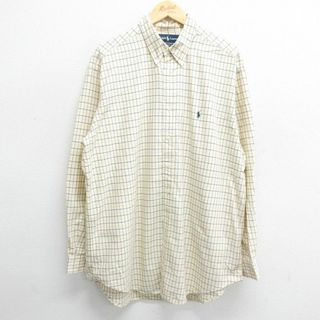 ラルフローレン(Ralph Lauren)のXL★古着 ラルフローレン Ralph Lauren 長袖 ブランド シャツ メンズ 90年代 90s ワンポイントロゴ ロング丈 大きいサイズ コットン ボタンダウン 薄黄他 イエロー チェック 24may09 中古 トップス(シャツ)