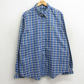 ラルフローレン(Ralph Lauren)のXL★古着 ラルフローレン Ralph Lauren 長袖 ブランド シャツ メンズ 90年代 90s ワンポイントロゴ 大きいサイズ コットン ボタンダウン 青他 ブルー チェック 24may09 中古 トップス(シャツ)