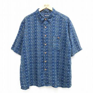 XL★古着 ピューリタン 半袖 ハワイアン シャツ メンズ 00年代 00s 総柄 レーヨン 紺他 ネイビー 24may09 中古 アロハ トップス(シャツ)