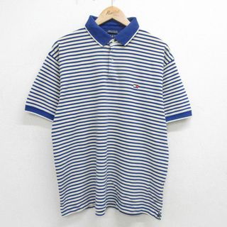 トミーヒルフィガー(TOMMY HILFIGER)のXL★古着 トミーヒルフィガー TOMMY HILFIGER 半袖 ブランド ポロ シャツ メンズ 90年代 90s ワンポイントロゴ 鹿の子 コットン 紺他 ネイビー ボーダー 24may09 中古 トップス(ポロシャツ)