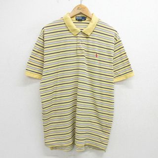 ラルフローレン(Ralph Lauren)のXL★古着 ラルフローレン Ralph Lauren 半袖 ブランド ポロ シャツ メンズ 90年代 90s ワンポイントロゴ 鹿の子 コットン 黄色他 イエロー ボーダー 24may09 中古 トップス(ポロシャツ)