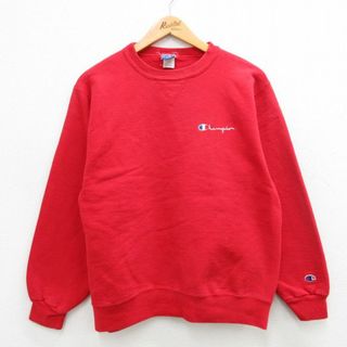 チャンピオン(Champion)のL★古着 チャンピオン champion 長袖 スウェット メンズ 90年代 90s ワンポイントロゴ クルーネック USA製 赤 レッド 24may09 中古 スエット トレーナー トップス(パーカー)