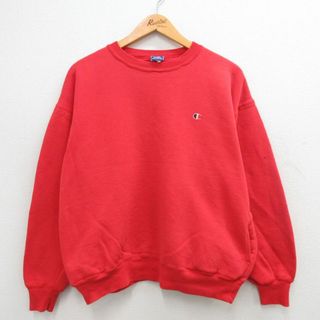 チャンピオン(Champion)のXL★古着 チャンピオン champion 長袖 スウェット メンズ 90年代 90s ワンポイントロゴ クルーネック USA製 赤 レッド 24may09 中古 スエット トレーナー トップス(パーカー)