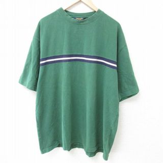 ウールリッチ(WOOLRICH)のXL★古着 ウールリッチ WOOLRICH 半袖 Tシャツ メンズ ボーダーライン 鹿の子 大きいサイズ コットン クルーネック 緑 グリーン 【spe】 24may09 中古(Tシャツ/カットソー(半袖/袖なし))