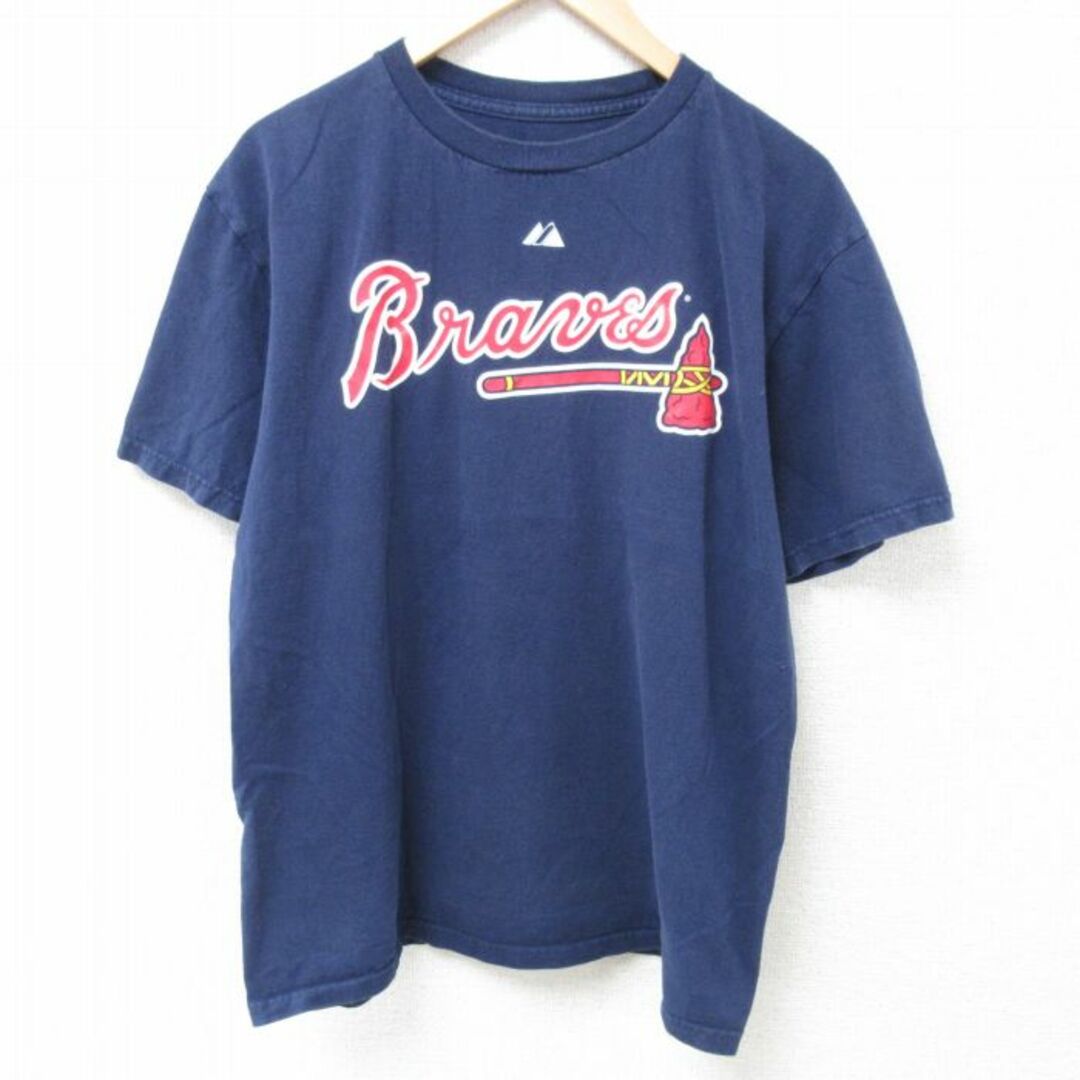 Majestic(マジェスティック)のXL★古着 マジェスティック 半袖 Tシャツ メンズ MLB アトランタブレーブス POWERS 55 コットン クルーネック 紺 ネイビー メジャーリーグ ベースボール 野球 24may09 中古 メンズのトップス(Tシャツ/カットソー(半袖/袖なし))の商品写真