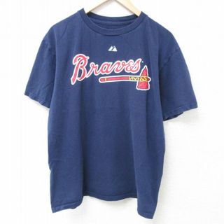 XL★古着 マジェスティック 半袖 Tシャツ メンズ MLB アトランタブレーブス POWERS 55 コットン クルーネック 紺 ネイビー メジャーリーグ ベースボール 野球 24may09 中古