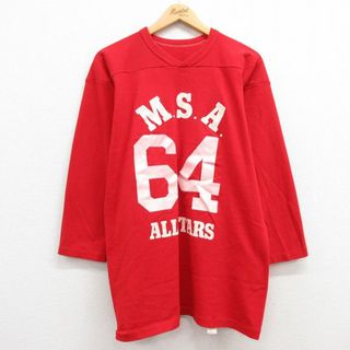 L★古着 ラッセル 7分袖 ビンテージ フットボール Tシャツ メンズ 70年代 70s M.S.A. 64 Vネック USA製 赤 レッド 24may09 中古 7分丈 七分丈 七分袖(Tシャツ/カットソー(半袖/袖なし))