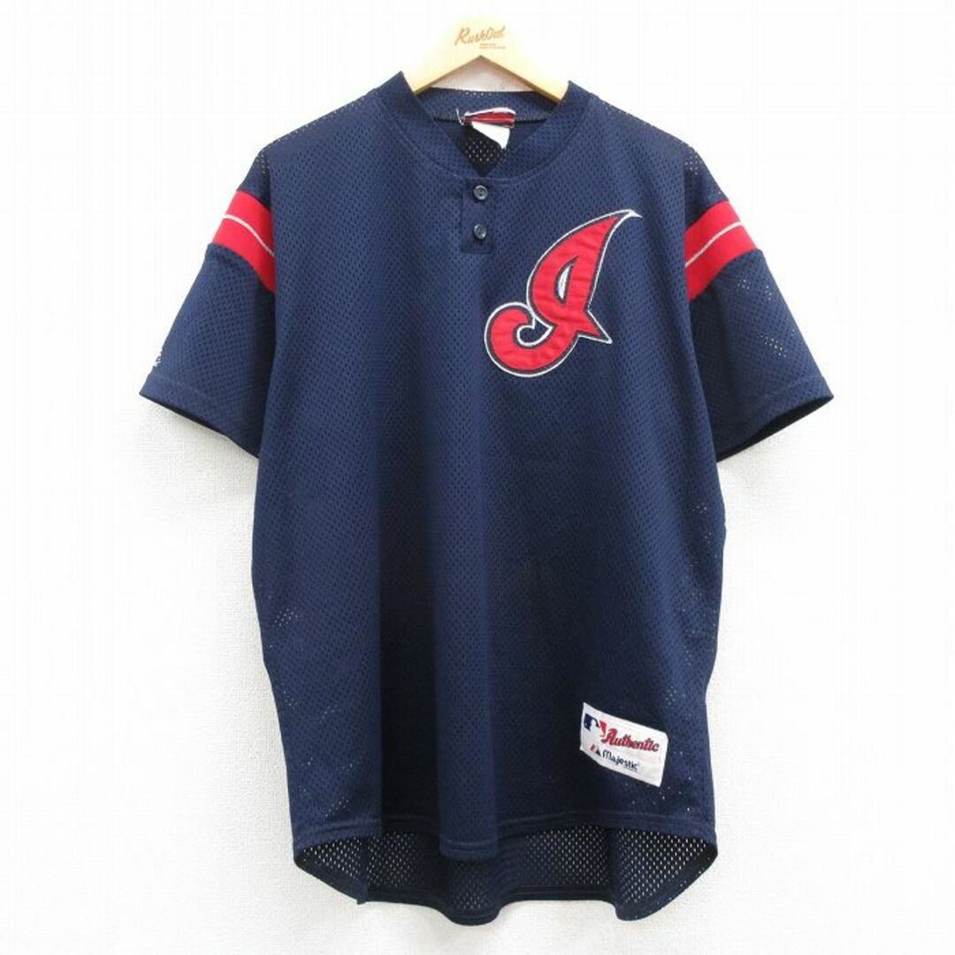 Majestic(マジェスティック)のXL★古着 マジェスティック 半袖 ビンテージ Tシャツ メンズ 90年代 90s MLB クリーブランドインディアンス メッシュ地 大きいサイズ ヘンリーネック USA製 紺 ネイビー メジャーリーグ ベースボール 野球 24may09 中古 メンズのトップス(Tシャツ/カットソー(半袖/袖なし))の商品写真