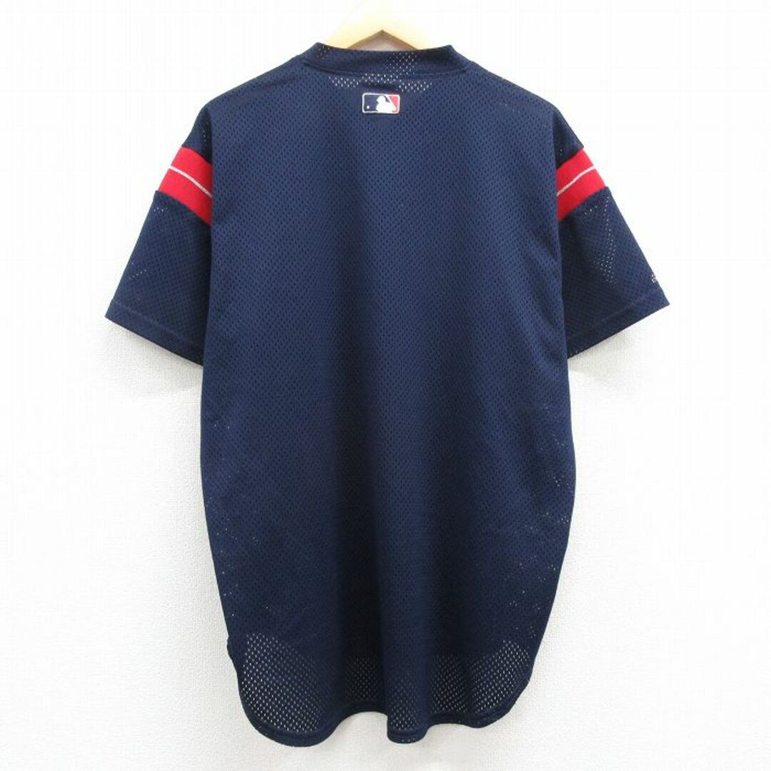 Majestic(マジェスティック)のXL★古着 マジェスティック 半袖 ビンテージ Tシャツ メンズ 90年代 90s MLB クリーブランドインディアンス メッシュ地 大きいサイズ ヘンリーネック USA製 紺 ネイビー メジャーリーグ ベースボール 野球 24may09 中古 メンズのトップス(Tシャツ/カットソー(半袖/袖なし))の商品写真