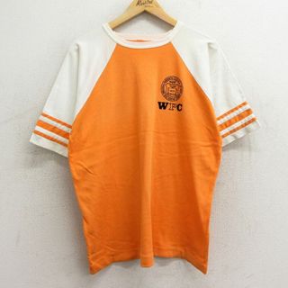 XL★古着 半袖 ビンテージ Tシャツ メンズ 70年代 70s ウィリアムパターソン カレッジ フロッキープリント ラグラン 大きいサイズ クルーネック オレンジ他 24may09 中古(Tシャツ/カットソー(半袖/袖なし))