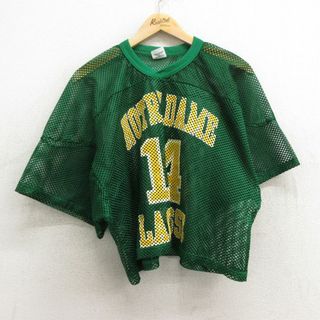 XL★古着 半袖 ビンテージ フットボール Tシャツ メンズ 90年代 90s ノートルダム ラクロス 14 大きいサイズ ショート丈 メッシュ地 Vネック USA製 緑 グリーン ユニフォーム ゲームシャツ 24may09 中古(Tシャツ/カットソー(半袖/袖なし))