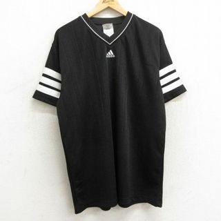 アディダス(adidas)のXL★古着 アディダス adidas 半袖 ビンテージ Tシャツ メンズ 00年代 00s ワンポイントロゴ 大きいサイズ Vネック 黒他 ブラック 24may09 中古(Tシャツ/カットソー(半袖/袖なし))