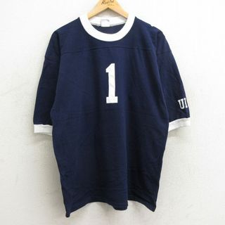 XL★古着 半袖ビンテージ フットボール Tシャツ メンズ 90年代 90s UICI 1 コットン クルーネック USA製 紺 ネイビー リンガー 24may09 中古(Tシャツ/カットソー(半袖/袖なし))