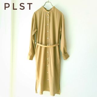 PLST - プラステ　バンドカラーシャツワンピース　ウエストベルト　茶　サイズM　ロング丈