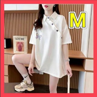 Ｔシャツ ボタンブラウス アシメ 半袖 襟付き オシャレ 大きめ ホワイト M(Tシャツ(半袖/袖なし))