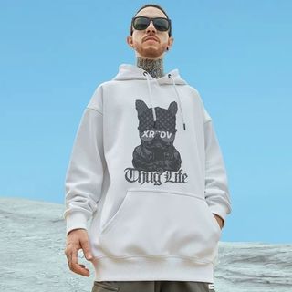 【限定入荷】ユニセックス　パーカー　Ｌ　ホワイト　韓国　犬　裏起毛　パンク　Ｌ(パーカー)