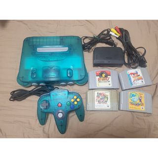 ニンテンドウ64(NINTENDO 64)のNintendo64 クリアブルー 　ソフト4個セット(家庭用ゲーム機本体)