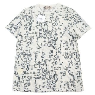 エルメス(Hermes)の未使用品○HERMES エルメス MAILLONS EN DESORDRE コットン100% シェーヌダンクル柄 クルーネック 半袖Ｔシャツ オフホワイト系 L イタリア製 正規品 メンズ(Tシャツ/カットソー(半袖/袖なし))