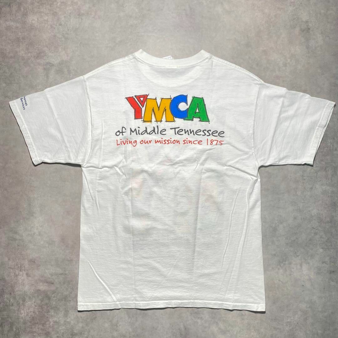 FRUIT OF THE LOOM(フルーツオブザルーム)のYMCA ホワイトTシャツ 両面プリントLサイズ90sUSA製カラフルアート メンズのトップス(Tシャツ/カットソー(半袖/袖なし))の商品写真