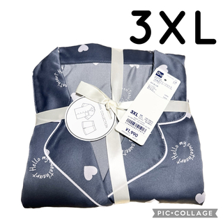 ジーユー(GU)のGU サテンボクシーパジャマ 半袖 ハート ブルー 3XL .(パジャマ)