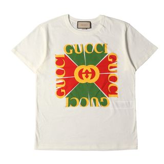 グッチ(Gucci)の美品 GUCCI グッチ Tシャツ サイズ:XS 現行モデル インターロッキングG ヴィンテージロゴ プリント クルーネック 半袖Tシャツ / オーバーサイズフィット オフホワイト 白 イタリア製 トップス カットソー【メンズ】【中古】(Tシャツ/カットソー(半袖/袖なし))