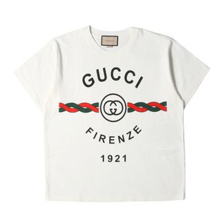 美品 GUCCI グッチ Tシャツ サイズ:XS 現行モデル コットンジャージー GUCCI FIRENZE 1921 ロゴ クルーネック 半袖Tシャツ / インターロッキングG オーバーサイズフィット オフホワイト 白 イタリア製 トップス カットソー【メンズ】【中古】