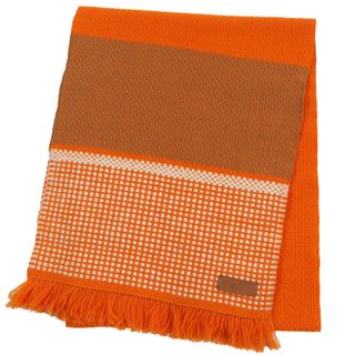 エルメス(Hermes)の極美品●HERMES エルメス カシミヤ100％ ラムレザーロゴタグ付き フリンジ付き ストール マフラー オレンジ系 箱付き 正規品 メンズ(マフラー)