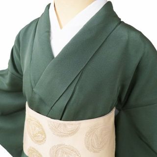 色無地 着物 中古 正絹 袷 フォーマル 紋付き 藍下染 反端付き 老緑色 身丈164cm 裄66.5cm L きもの北條 A1016-3(着物)