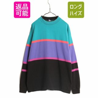 90s USA製 ランズエンド ボーダー 長袖 Tシャツ メンズ L / オールド LANDS END ロンT ハイネック ヘビーウェイト コットン マルチカラー(Tシャツ/カットソー(七分/長袖))