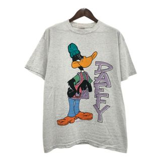 90年代 カナダ製 NOVEL TEEZ Looney Tunes ダフィー・ダック 半袖Ｔシャツ キャラクター ライトグレー (メンズ L) 中古 古着 Q6271(Tシャツ/カットソー(半袖/袖なし))