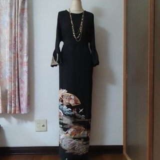 着物リメイクワンピース留袖ドレス 飛鶴と扇子(ロングドレス)