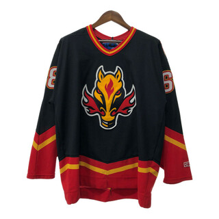 90年代 カナダ製 CCM NHL カルガリー・フレームス ホッケー ゲームシャツ ユニフォーム ブラック (メンズ XL) 中古 古着 Q6256(その他)
